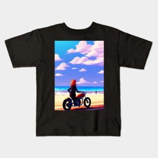 COOL RED HEADED GIRL ON BEACH WITH MOTORCYCLE RETRO Kids T-Shirt